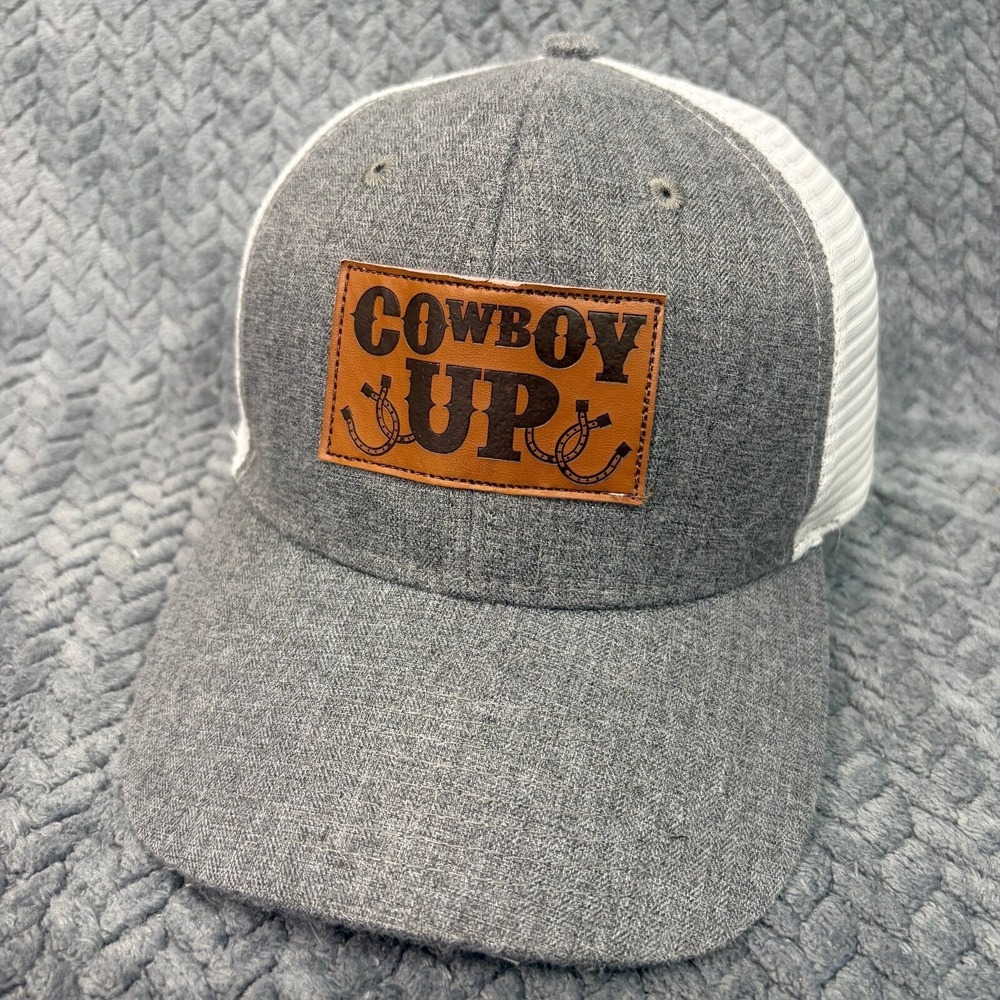 Cowboy Up Gray White Mesh Snapback Trucker Hat Western Faux Leather Patch